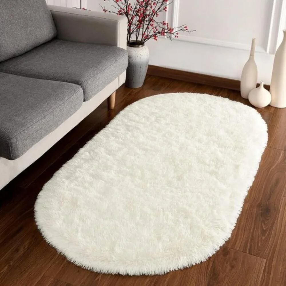 New 2.6x5.3 Fluffy Cream Rug, Soft Oval Shag Carpet for Home, Bedroom & Nursery